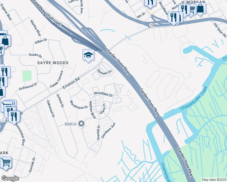 map of restaurants, bars, coffee shops, grocery stores, and more near 19 Grossweiler Lane in Sayreville