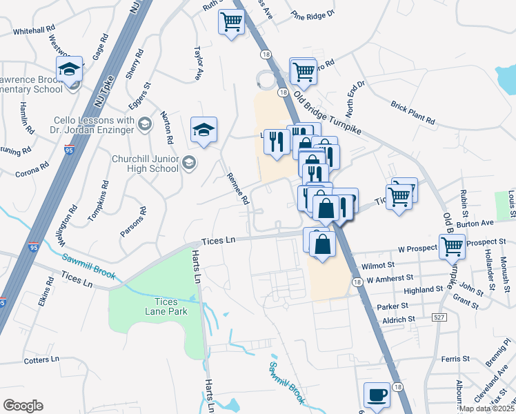 map of restaurants, bars, coffee shops, grocery stores, and more near 94 Longfield Court in East Brunswick