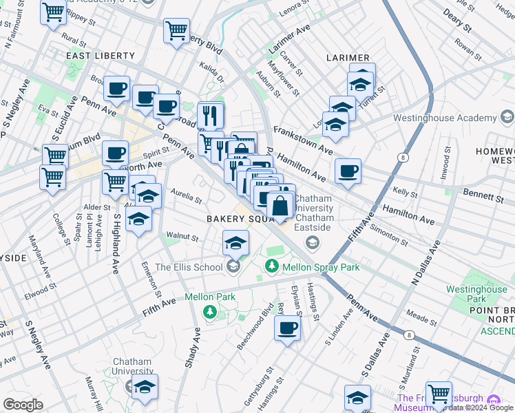 map of restaurants, bars, coffee shops, grocery stores, and more near 6425 Living Place in Pittsburgh