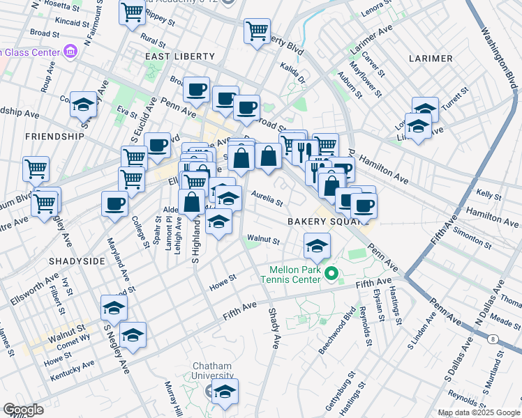 map of restaurants, bars, coffee shops, grocery stores, and more near 6322 Marchand Street in Pittsburgh