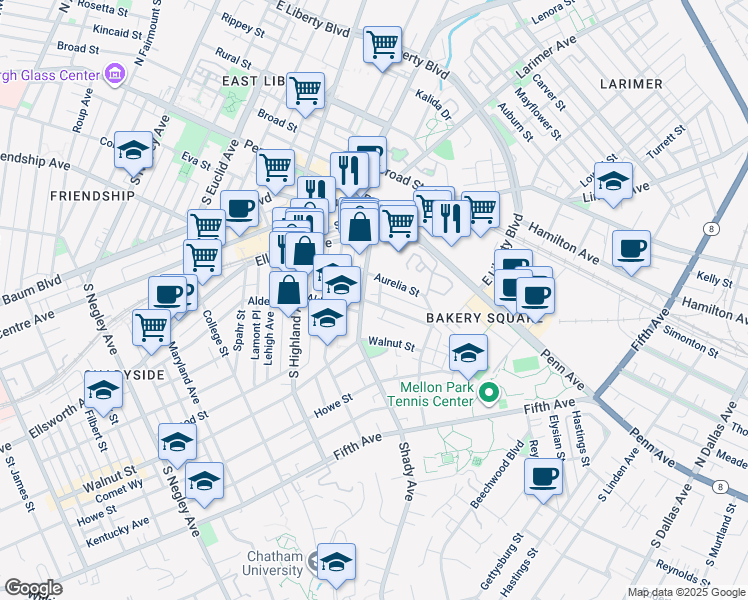 map of restaurants, bars, coffee shops, grocery stores, and more near 6322 Marchand Street in Pittsburgh