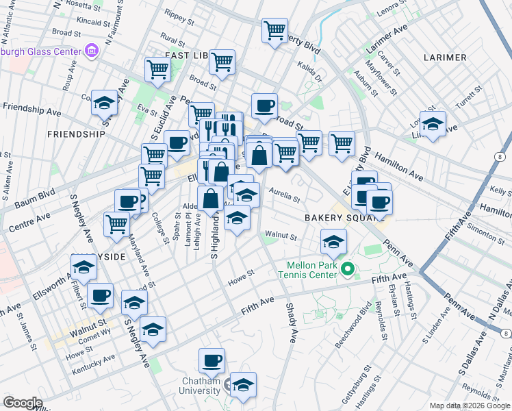 map of restaurants, bars, coffee shops, grocery stores, and more near 6202 Alder Street in Pittsburgh
