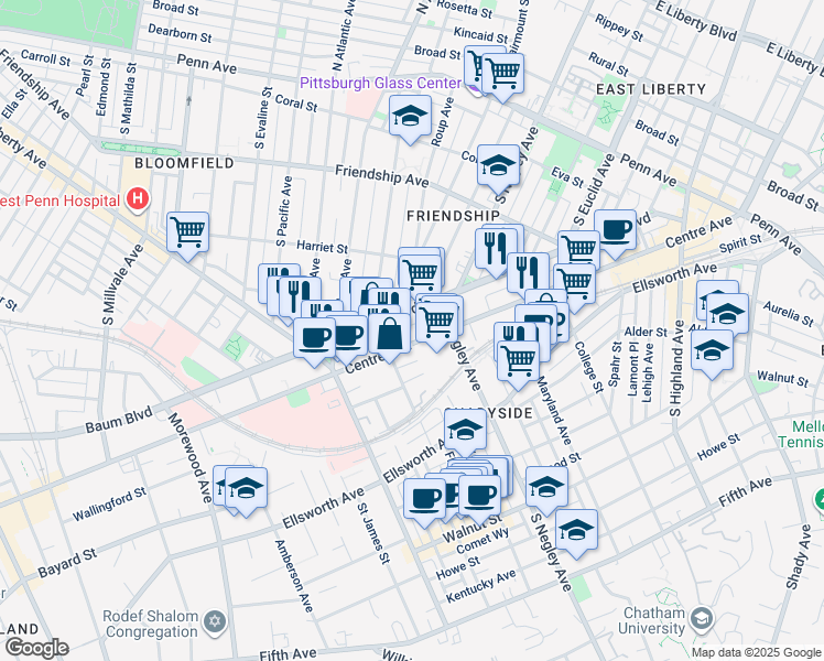 map of restaurants, bars, coffee shops, grocery stores, and more near 5550 Centre Avenue in Pittsburgh