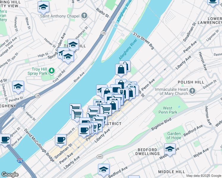 map of restaurants, bars, coffee shops, grocery stores, and more near 02 26th Street in Pittsburgh
