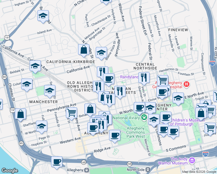 map of restaurants, bars, coffee shops, grocery stores, and more near 1403 Buena Vista Street in Pittsburgh