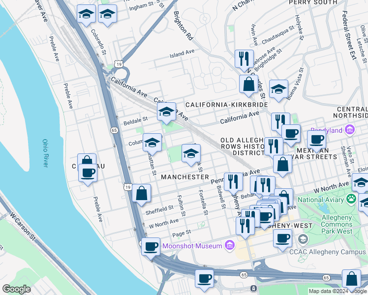 map of restaurants, bars, coffee shops, grocery stores, and more near 1209 North Franklin Street in Pittsburgh