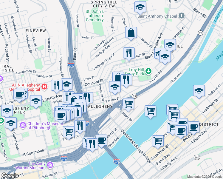 map of restaurants, bars, coffee shops, grocery stores, and more near 1018 Peralta Street in Pittsburgh