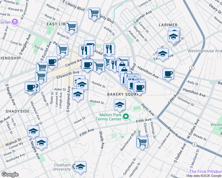 map of restaurants, bars, coffee shops, grocery stores, and more near 6409 Melissa Street in Pittsburgh