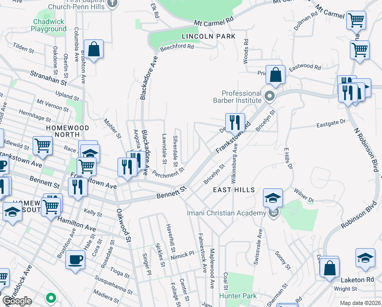 map of restaurants, bars, coffee shops, grocery stores, and more near 8320 Perchment Street in Pittsburgh
