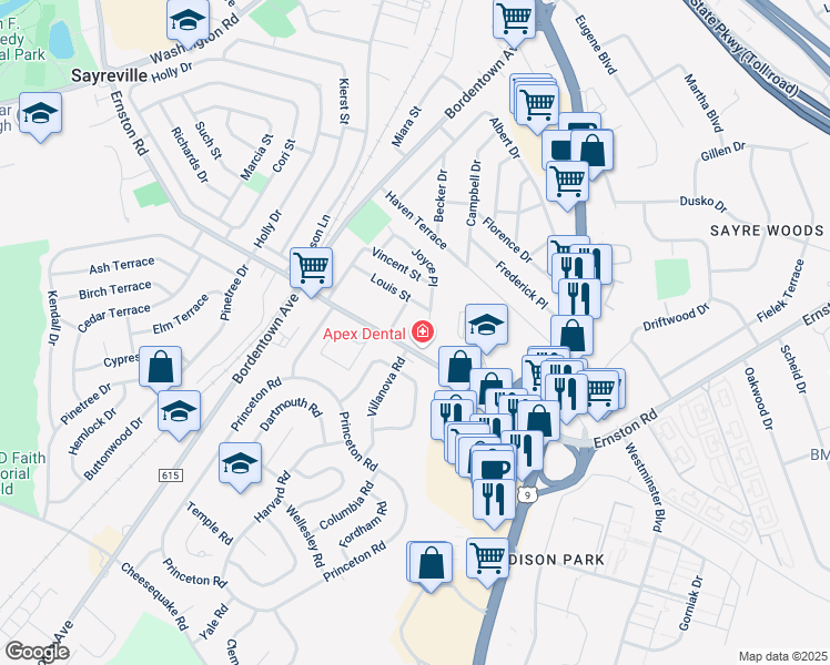 map of restaurants, bars, coffee shops, grocery stores, and more near 236 Ernston Road in Sayreville