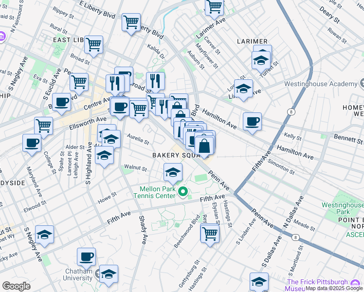 map of restaurants, bars, coffee shops, grocery stores, and more near 6425 Penn Avenue in Pittsburgh