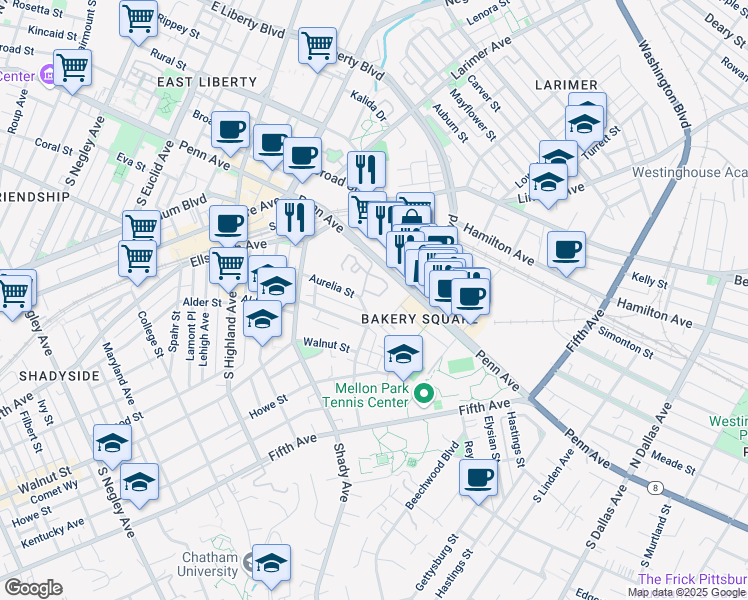 map of restaurants, bars, coffee shops, grocery stores, and more near 100 Denniston Street in Pittsburgh