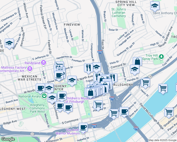 map of restaurants, bars, coffee shops, grocery stores, and more near 1210 James Street in Pittsburgh