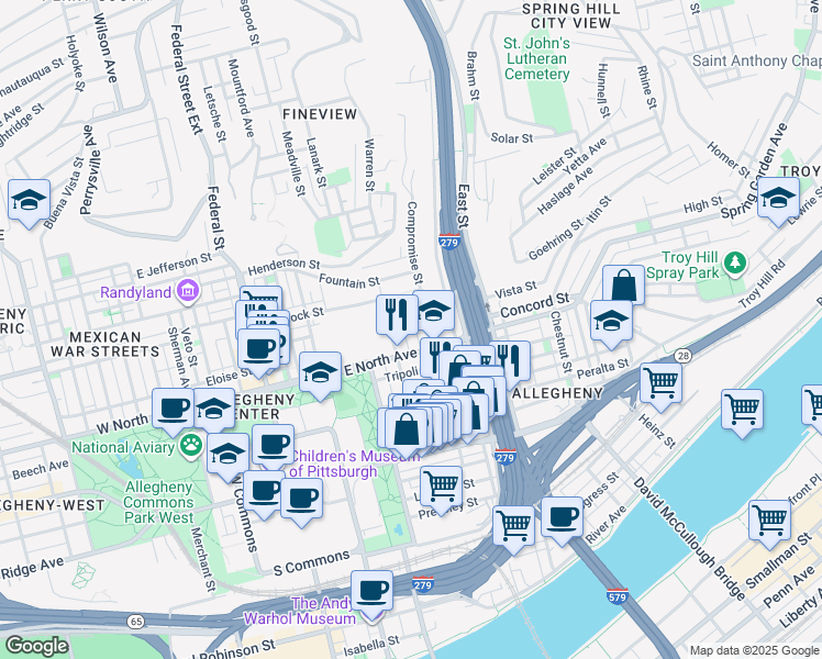 map of restaurants, bars, coffee shops, grocery stores, and more near 516 East North Avenue in Pittsburgh