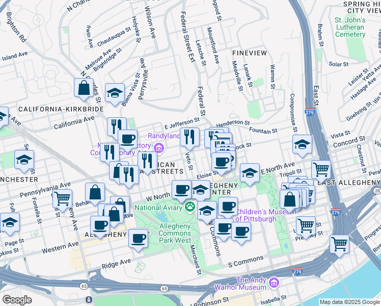 map of restaurants, bars, coffee shops, grocery stores, and more near 1302 Sherman Avenue in Pittsburgh