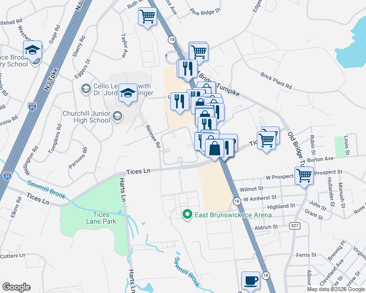 map of restaurants, bars, coffee shops, grocery stores, and more near 316 Cozzens Court in East Brunswick