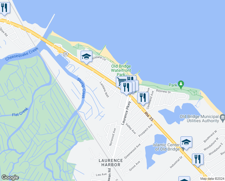 map of restaurants, bars, coffee shops, grocery stores, and more near 34 Summerfield Avenue in Old Bridge Township