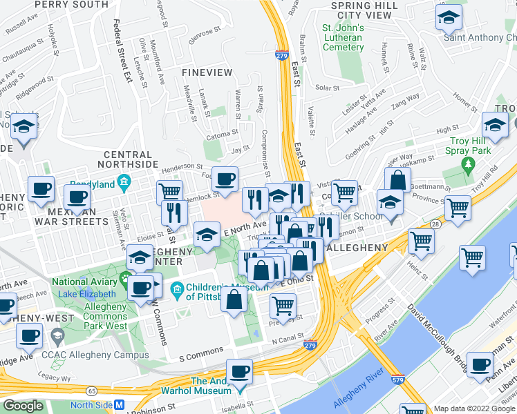 map of restaurants, bars, coffee shops, grocery stores, and more near 1211 Ocala Street in Pittsburgh