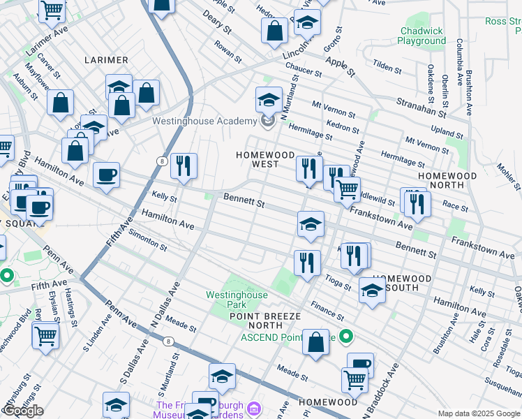 map of restaurants, bars, coffee shops, grocery stores, and more near 6947 Bennett Street in Pittsburgh