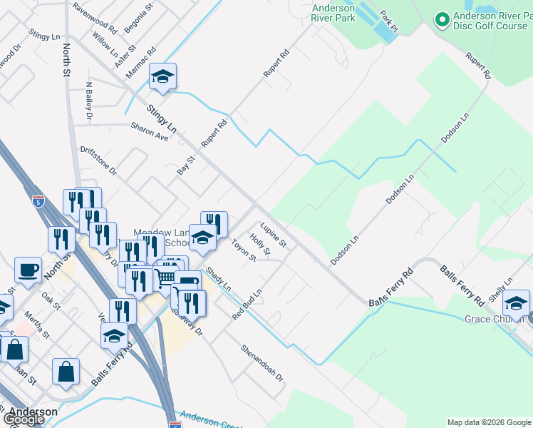 map of restaurants, bars, coffee shops, grocery stores, and more near 2677 Balls Ferry Rd in Anderson