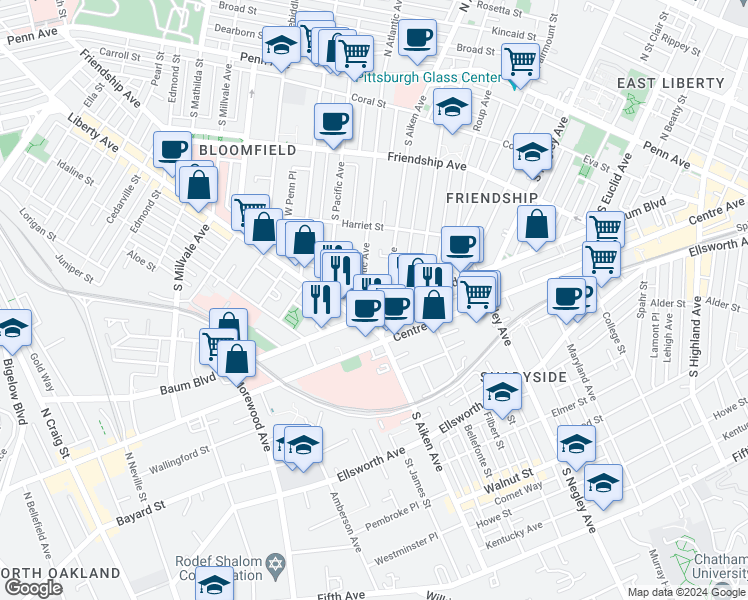 map of restaurants, bars, coffee shops, grocery stores, and more near 5315 Baum Boulevard in Pittsburgh