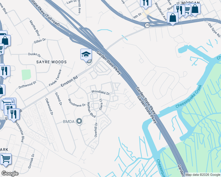 map of restaurants, bars, coffee shops, grocery stores, and more near 2007 Ridgeview Court in Sayreville