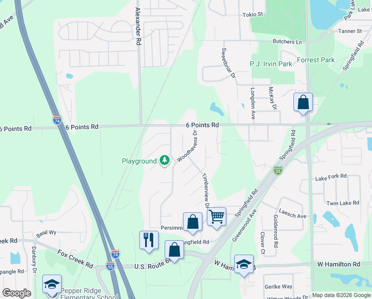 map of restaurants, bars, coffee shops, grocery stores, and more near 2009 Woodhavens Drive in Bloomington