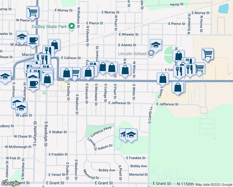 map of restaurants, bars, coffee shops, grocery stores, and more near 901 East Washington Street in Macomb