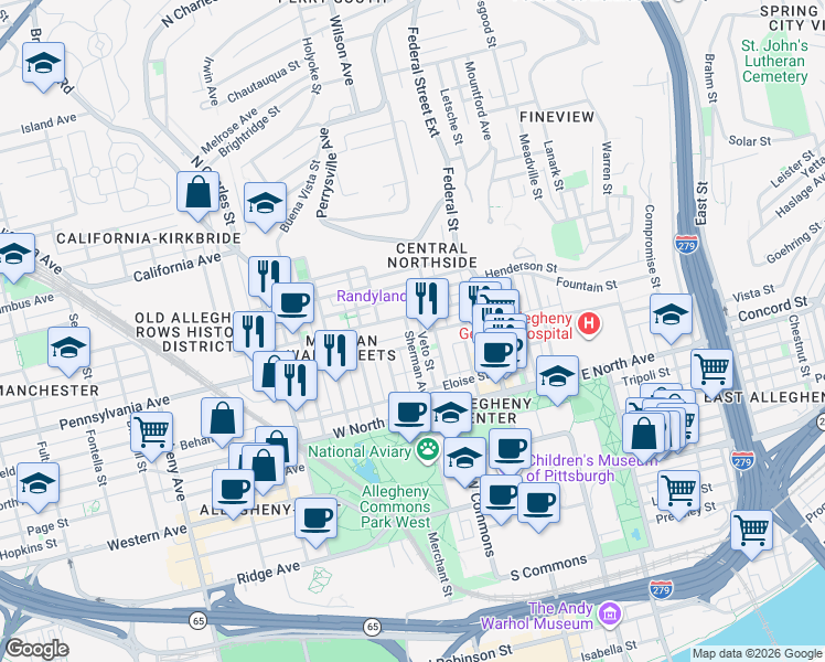 map of restaurants, bars, coffee shops, grocery stores, and more near 212 Jacksonia Street in Pittsburgh