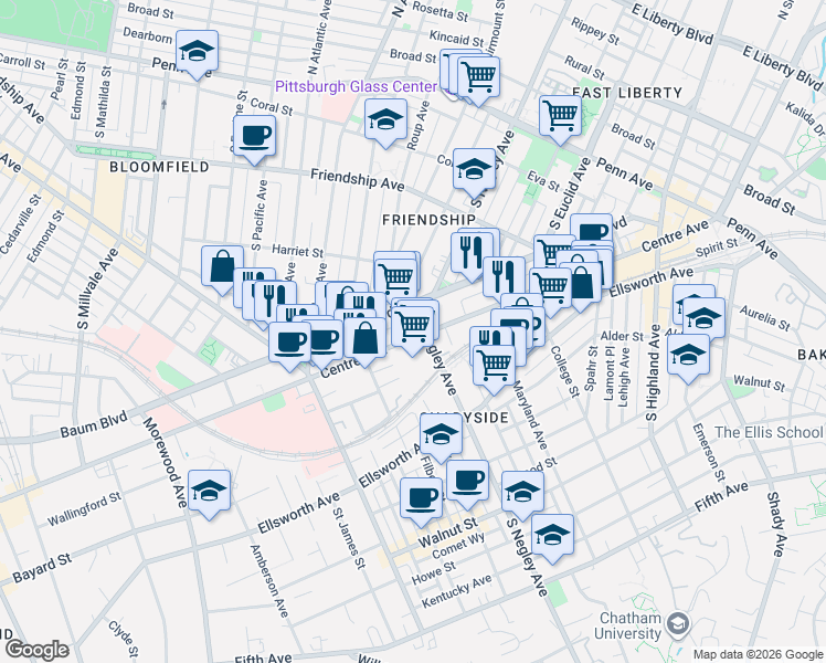 map of restaurants, bars, coffee shops, grocery stores, and more near 5551 Centre Avenue in Pittsburgh