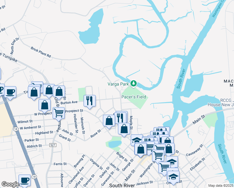 map of restaurants, bars, coffee shops, grocery stores, and more near 129 William Street in South River