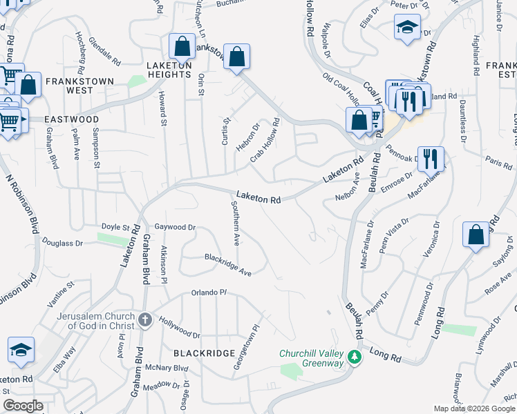 map of restaurants, bars, coffee shops, grocery stores, and more near 3103 Laketon Road in Pittsburgh