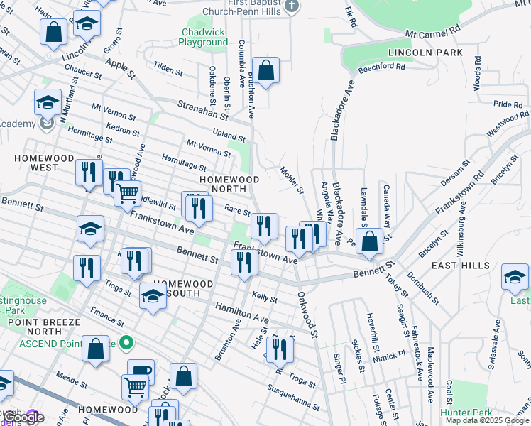 map of restaurants, bars, coffee shops, grocery stores, and more near 7728 Monticello Street in Pittsburgh