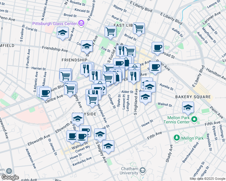 map of restaurants, bars, coffee shops, grocery stores, and more near 5875 Ellsworth Avenue in Pittsburgh