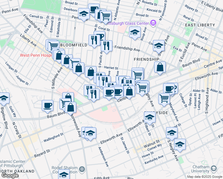map of restaurants, bars, coffee shops, grocery stores, and more near 459 South Atlantic Avenue in Pittsburgh