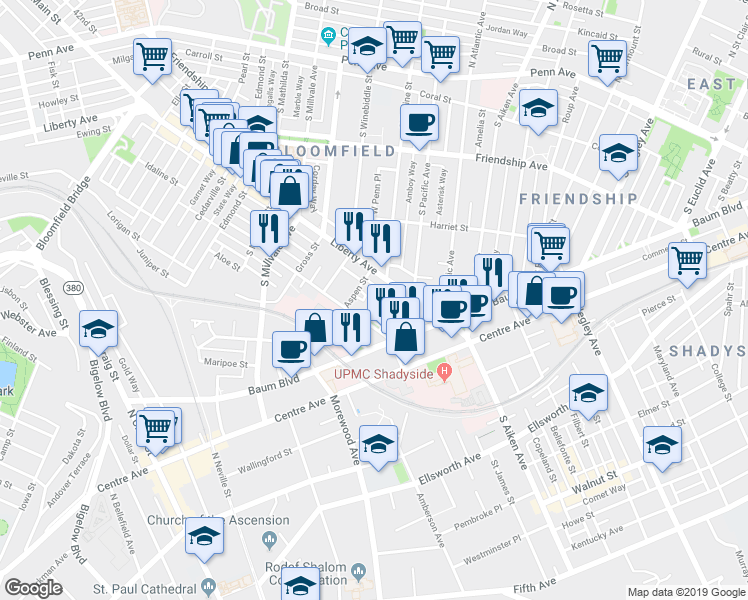 map of restaurants, bars, coffee shops, grocery stores, and more near 5140 Liberty Avenue in Pittsburgh