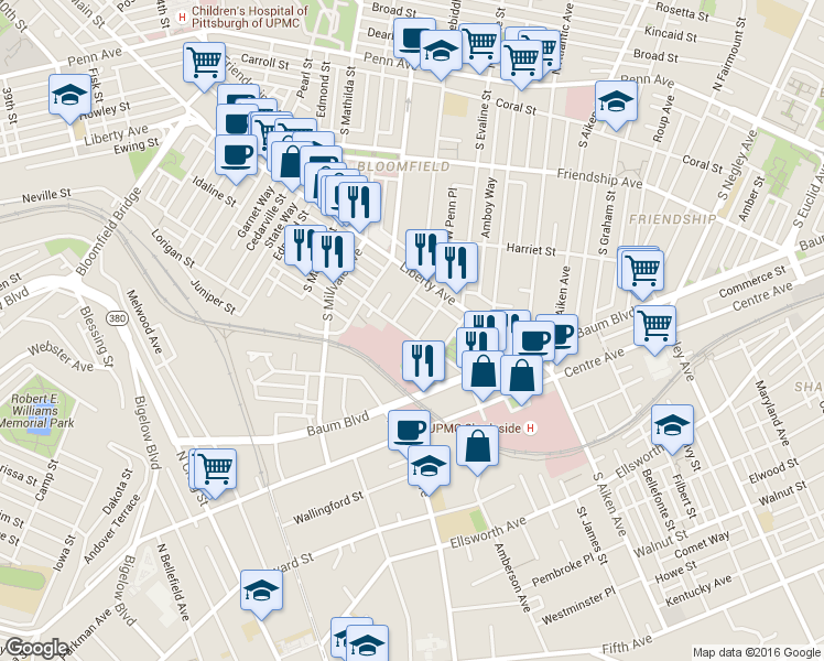 map of restaurants, bars, coffee shops, grocery stores, and more near 527 South Winebiddle Street in Pittsburgh