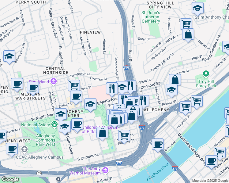 map of restaurants, bars, coffee shops, grocery stores, and more near 527 Dunloe Avenue in Pittsburgh