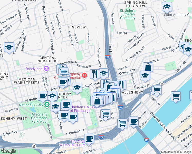 map of restaurants, bars, coffee shops, grocery stores, and more near 527 Dunloe Avenue in Pittsburgh