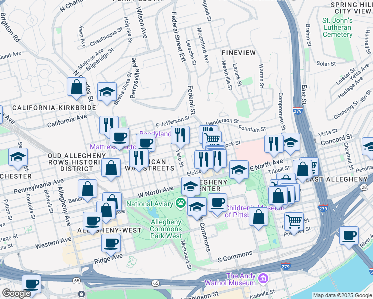 map of restaurants, bars, coffee shops, grocery stores, and more near 27 Jacksonia Street in Pittsburgh