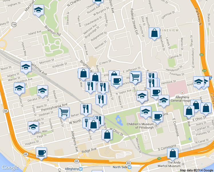 map of restaurants, bars, coffee shops, grocery stores, and more near 615 Armandale Street in Pittsburgh