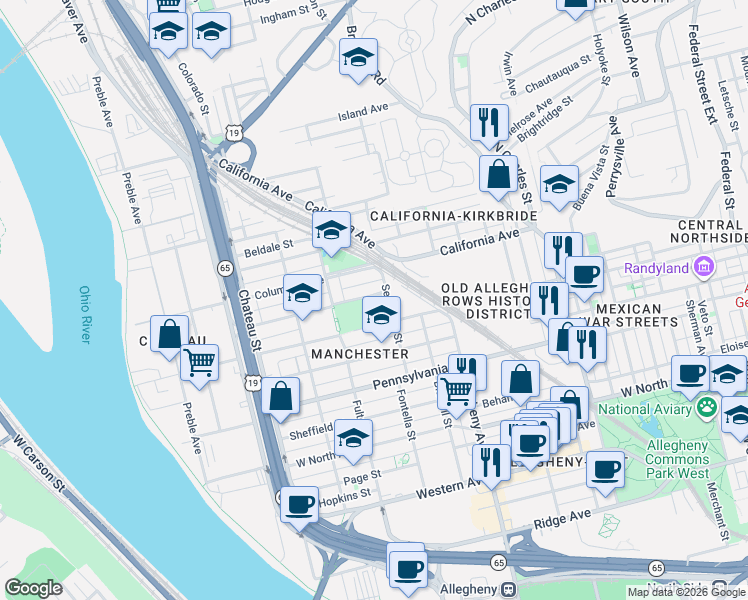 map of restaurants, bars, coffee shops, grocery stores, and more near 1207 Columbus Avenue in Pittsburgh