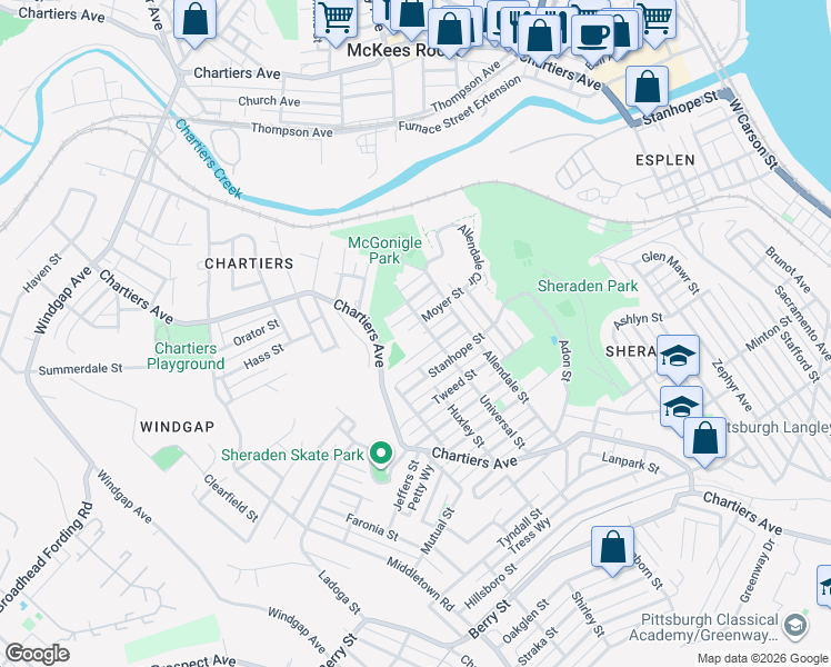 map of restaurants, bars, coffee shops, grocery stores, and more near 1107 Criss Street in Pittsburgh