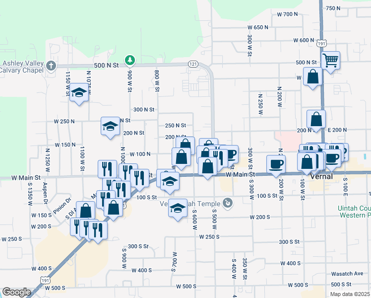 map of restaurants, bars, coffee shops, grocery stores, and more near 650 West 100 South in Vernal