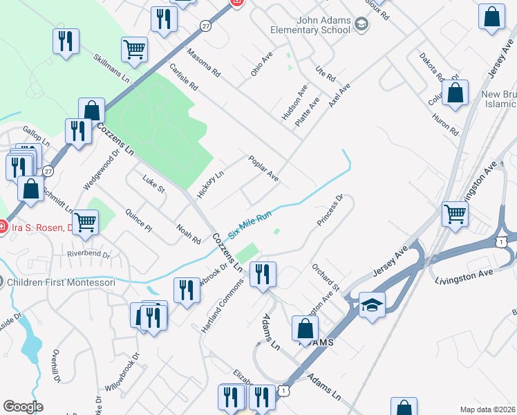 map of restaurants, bars, coffee shops, grocery stores, and more near 10 Redwood Road in North Brunswick Township