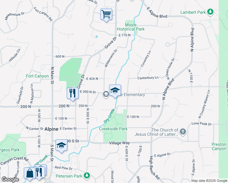 map of restaurants, bars, coffee shops, grocery stores, and more near 499 East 300 North in Alpine