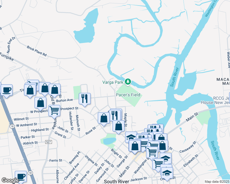 map of restaurants, bars, coffee shops, grocery stores, and more near 129 William Street in South River