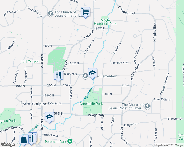 map of restaurants, bars, coffee shops, grocery stores, and more near 458 East 426 North in Alpine