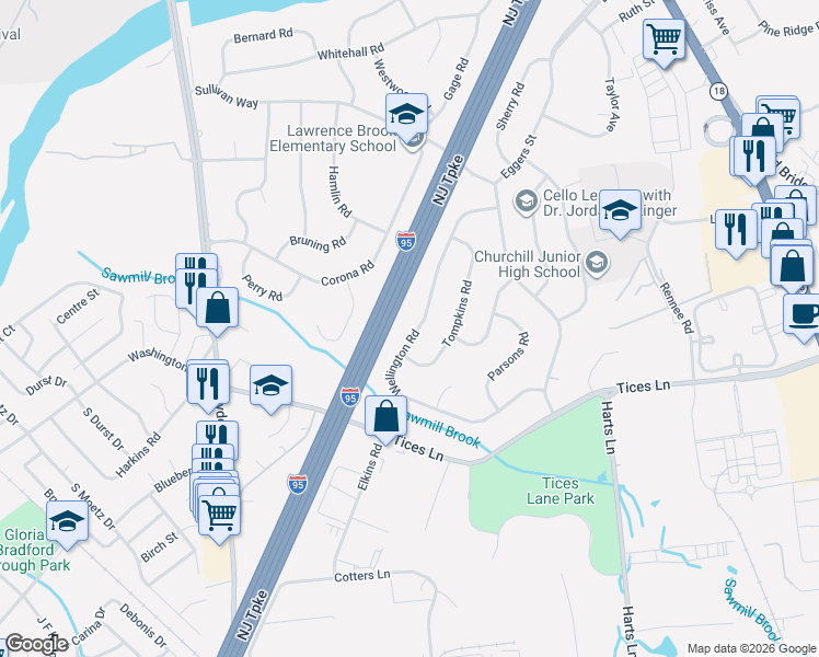 map of restaurants, bars, coffee shops, grocery stores, and more near 33 Wellington Road in East Brunswick