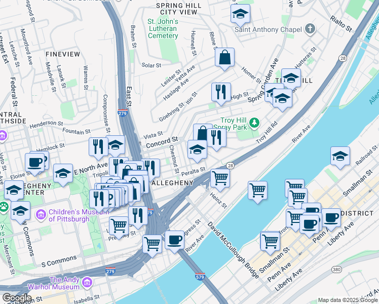 map of restaurants, bars, coffee shops, grocery stores, and more near 1007 Voskamp Street in Pittsburgh